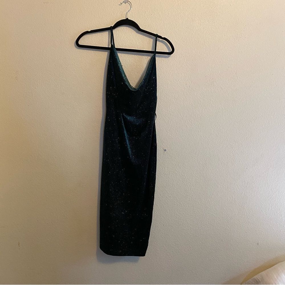 Lulu’s green sparkly holiday festive mini dress low back